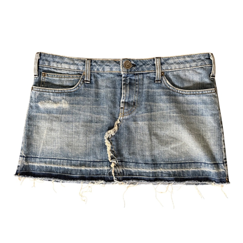 Juicy Couture Denim Mini Skirt Size 10/30 Y2K Distressed Raw Low Rise Jean Skirt